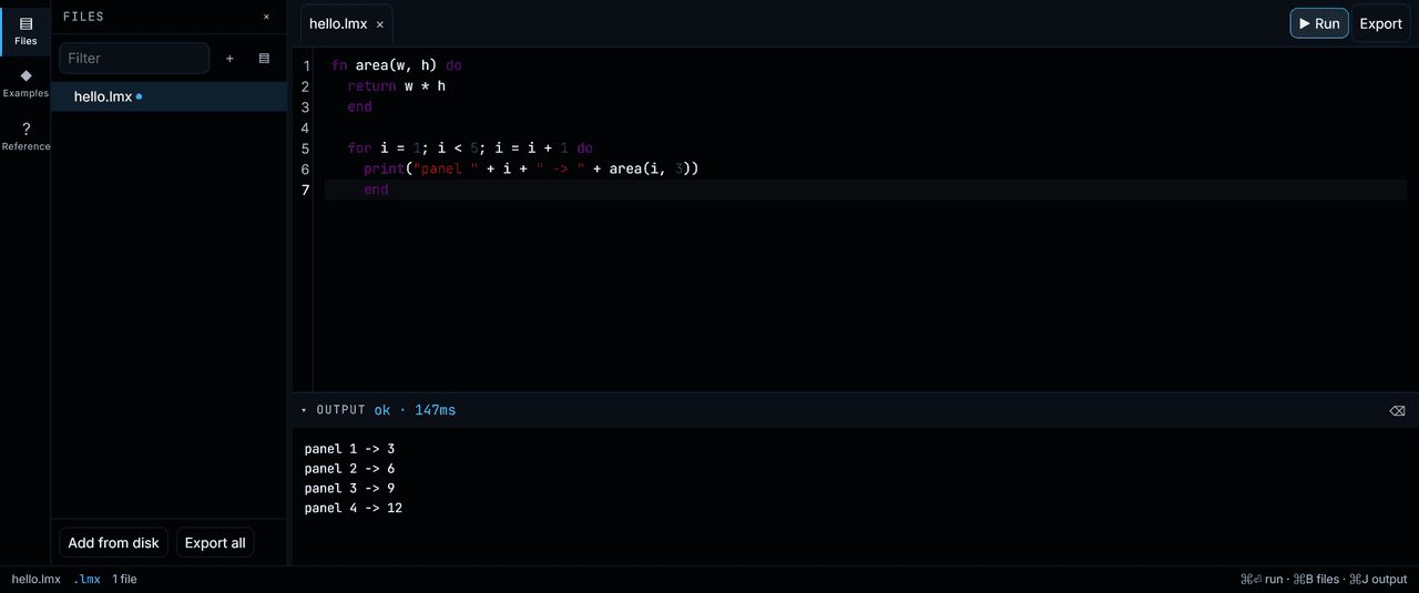 The LMX browser IDE running a script and printing its output